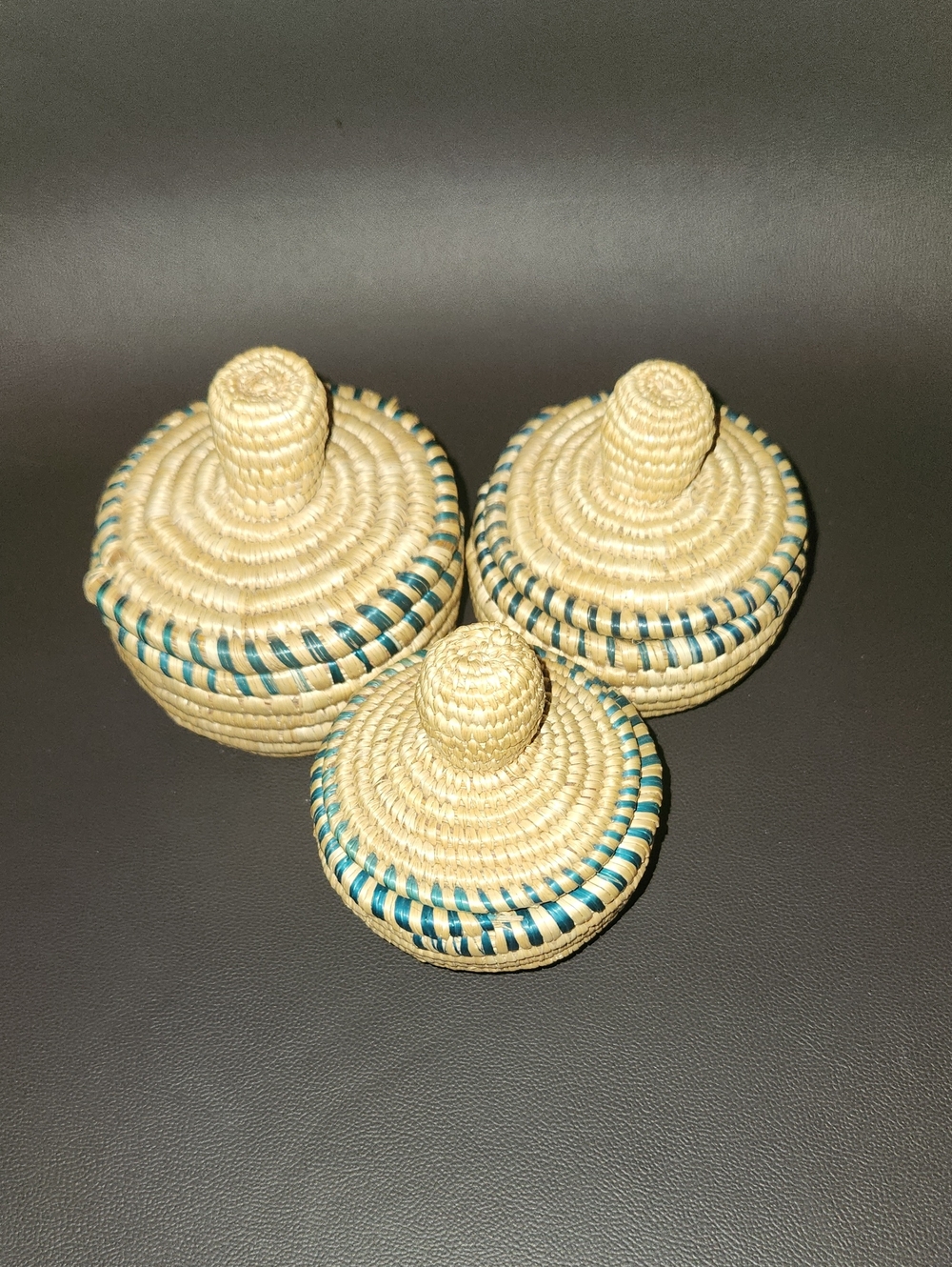 Handwoven Coil Lidded Baskets with Teal Accents Set of Three (3)